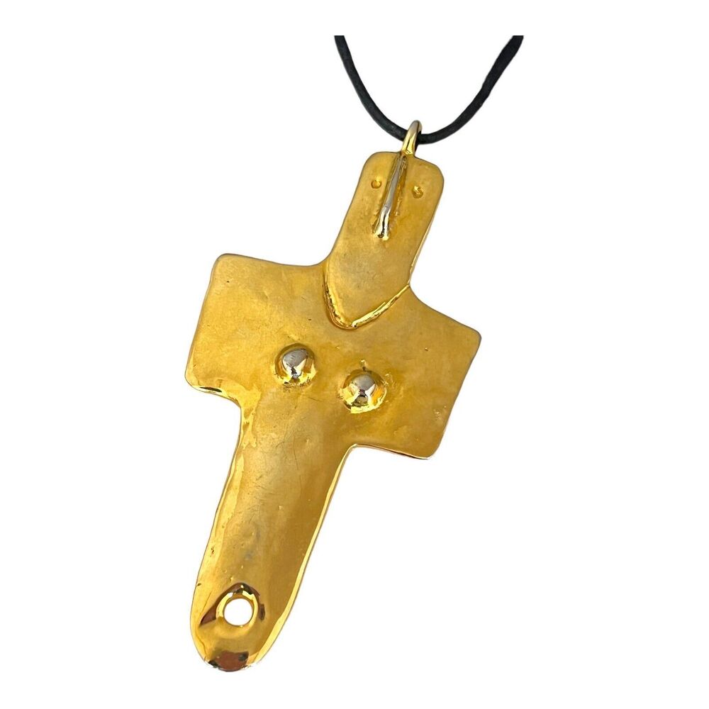 Vintage 1970s RWH Madonna Cross Pendant Gold Tone Large Statement Artisan - 3J